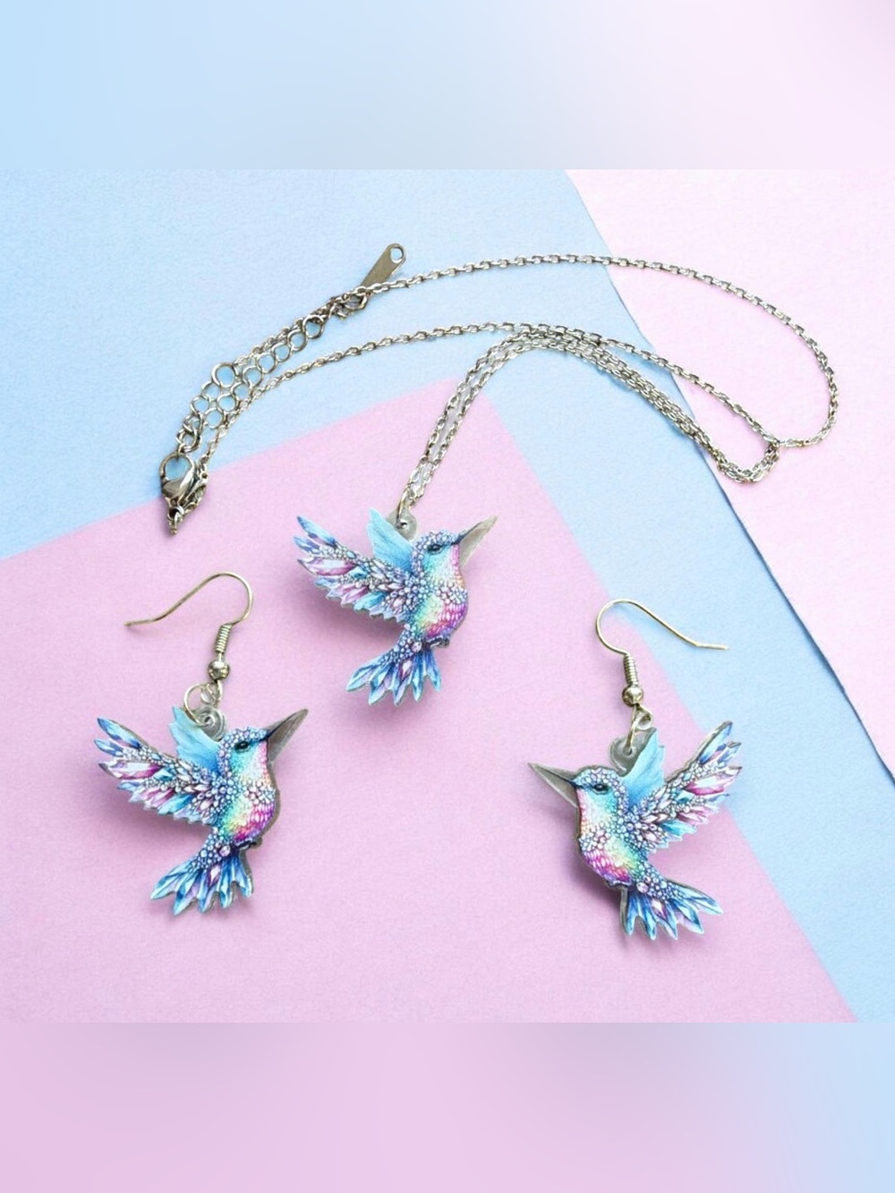 Hummingbird Jewelry Set Colorful Necklace & Dangle Earrings NEW